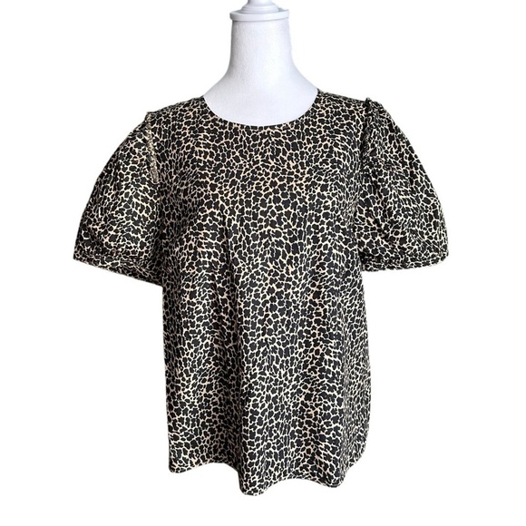 J. CREW Leopard Print Poplin Short Puff Sleeve Crisp Animal Cheetah Size Large - Picture 3 of 17